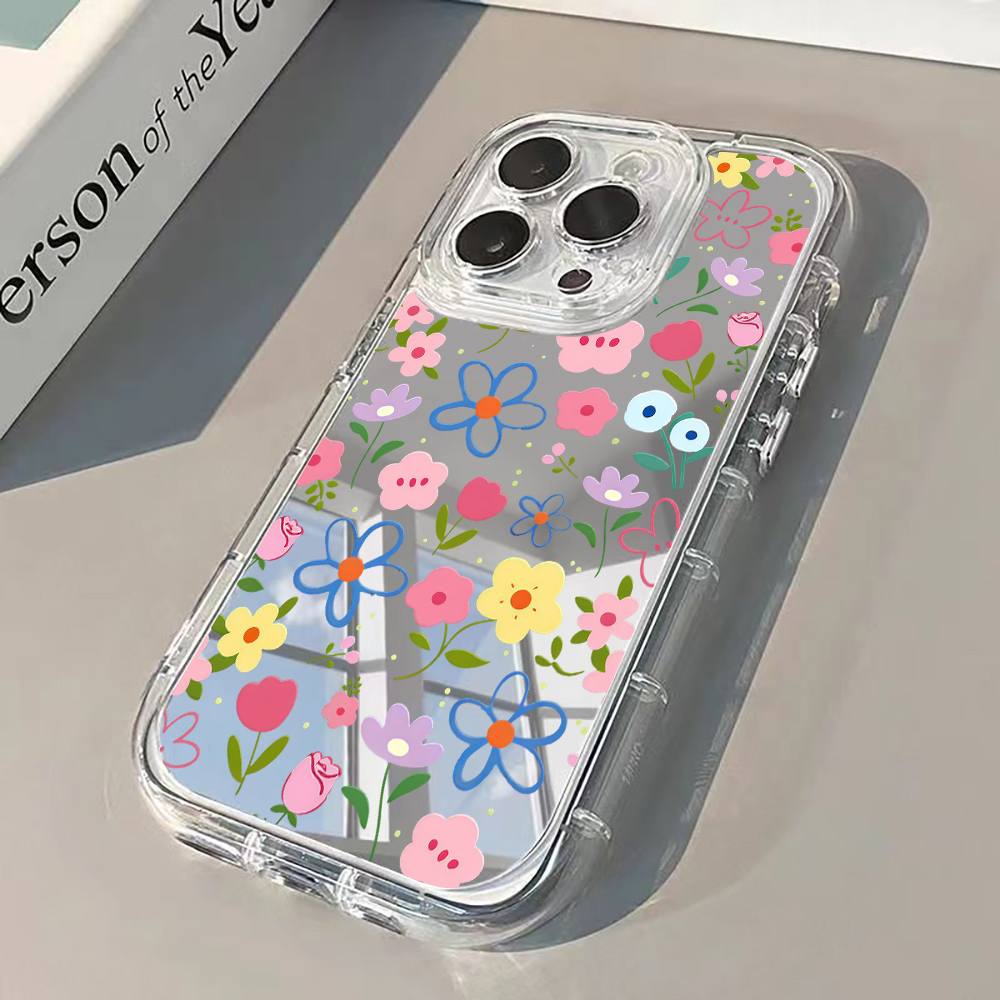 X Phone Accessories - 韓国風花柄シルバーミラー付きスマホケース iPhone 17 Pro Max 15